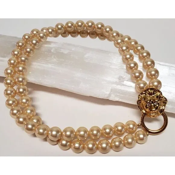 VTG KJL Avon Necklace Lion Head Clasp Faux Pearl 80's Kenneth J. Lane Signed - Picture 3 of 12